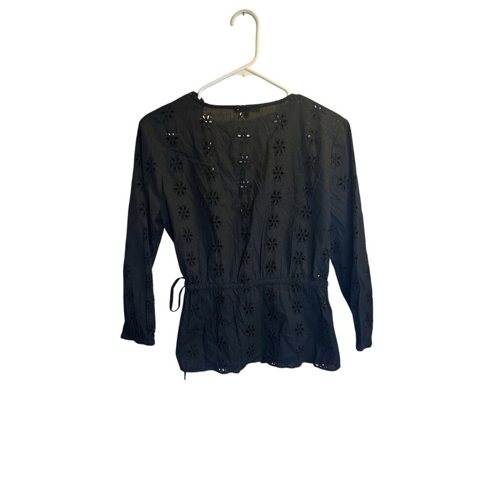 Madewell Womens S Black Eyelet Wrap Top Cotton Tie Waist Boho Peplum Blouse